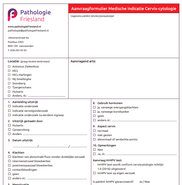 Aanvraagformulier Medische indicatie Cervix-cytologie (1 pakket is 20 stuks, max 10 pakketten/200 formulieren)