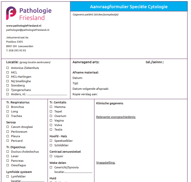 Aanvraagformulier Speciële Cytologie (1 pakket is 20 stuks, max 10 pakketten/200 formulieren)