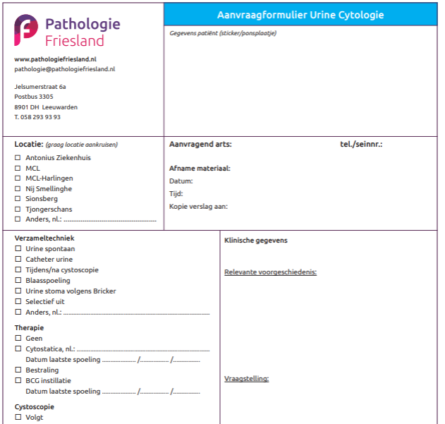 Aanvraagformulier Urine Cytologie (1 pakket is 20 stuks, max 10 pakketten/200 formulieren)