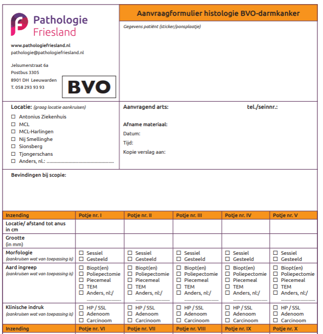 Aanvraagformulier histologie BVO-darmkanker (1 pakket is 20 stuks, max 10 pakketten/200 formulieren)
