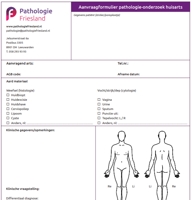 Aanvraagformulier Pathologie-onderzoek huisarts (1 pakket is 20 stuks, max 10 pakketten/200 formulieren)