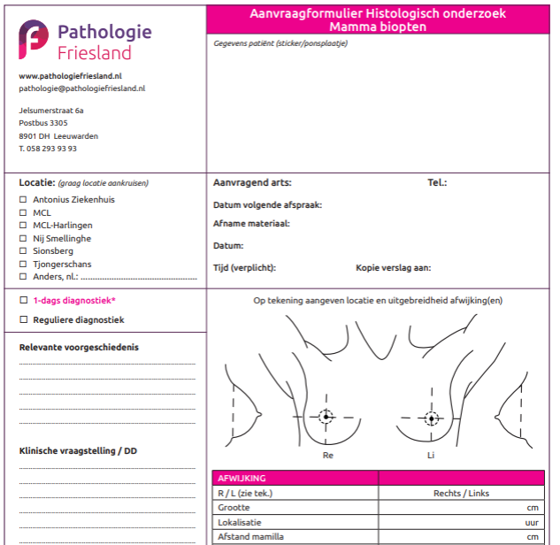 Aanvraagformulier Histologisch onderzoek mamma biopten (1 pakket is 20 stuks, max 10 pakketten/200 formulieren)